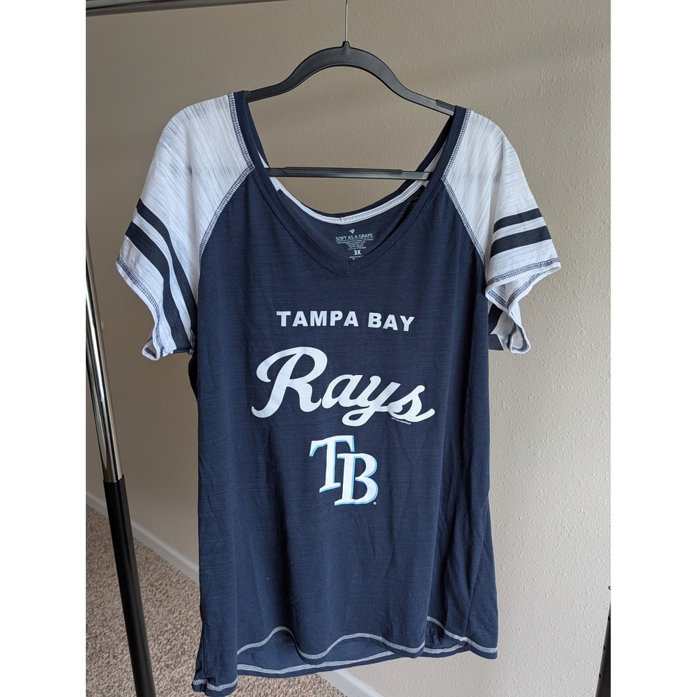 Soft As A Grape Tampa Bay Rays MLB Navy Blue Striped Raglan Tee Womens 3X